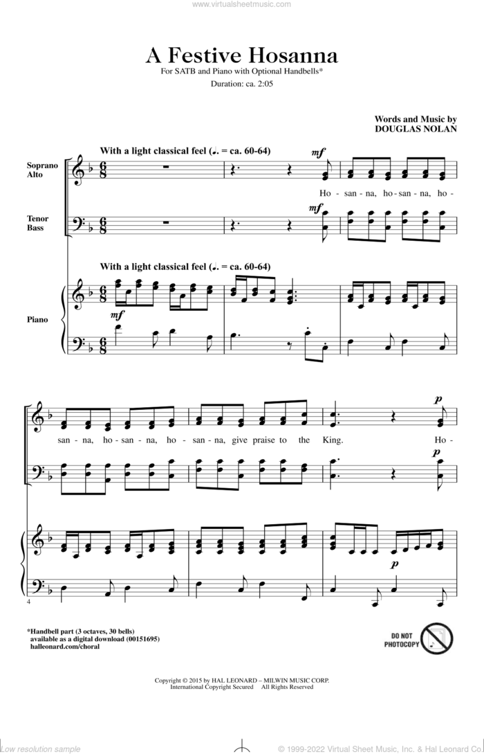 A Festive Hosanna sheet music for choir (SATB: soprano, alto, tenor, bass) by Douglas Nolan, intermediate skill level