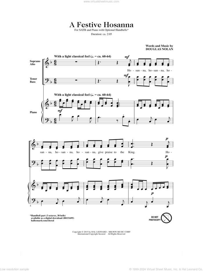 A Festive Hosanna sheet music for choir (SATB: soprano, alto, tenor, bass) by Douglas Nolan, intermediate skill level