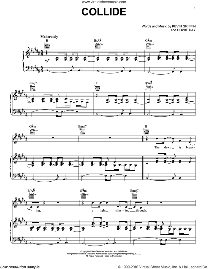 Collide sheet music for voice, piano or guitar by Howie Day and Kevin Griffin, intermediate skill level