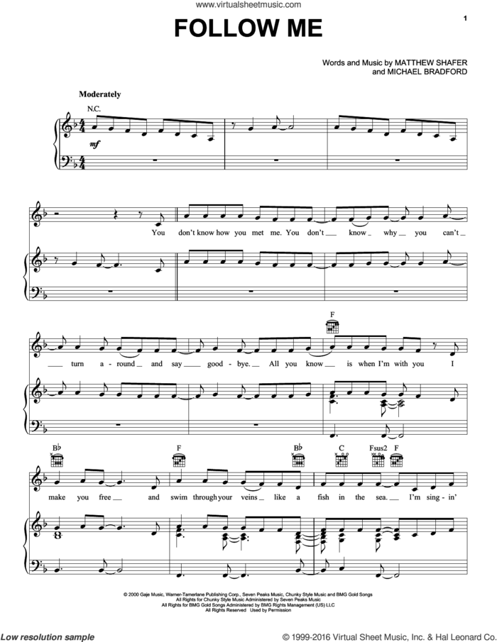 Follow Me sheet music for voice, piano or guitar by Uncle Kracker, Matthew Shafer and Michael Bradford, intermediate skill level