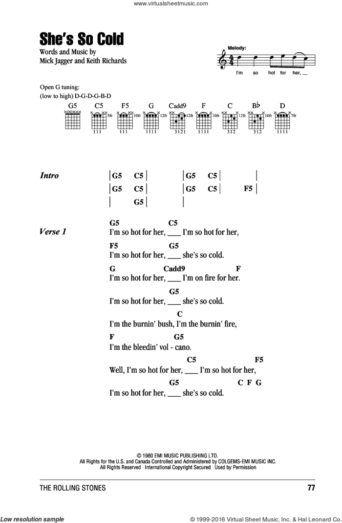 She's So Cold sheet music for guitar (chords) by The Rolling Stones, Keith Richards and Mick Jagger, intermediate skill level