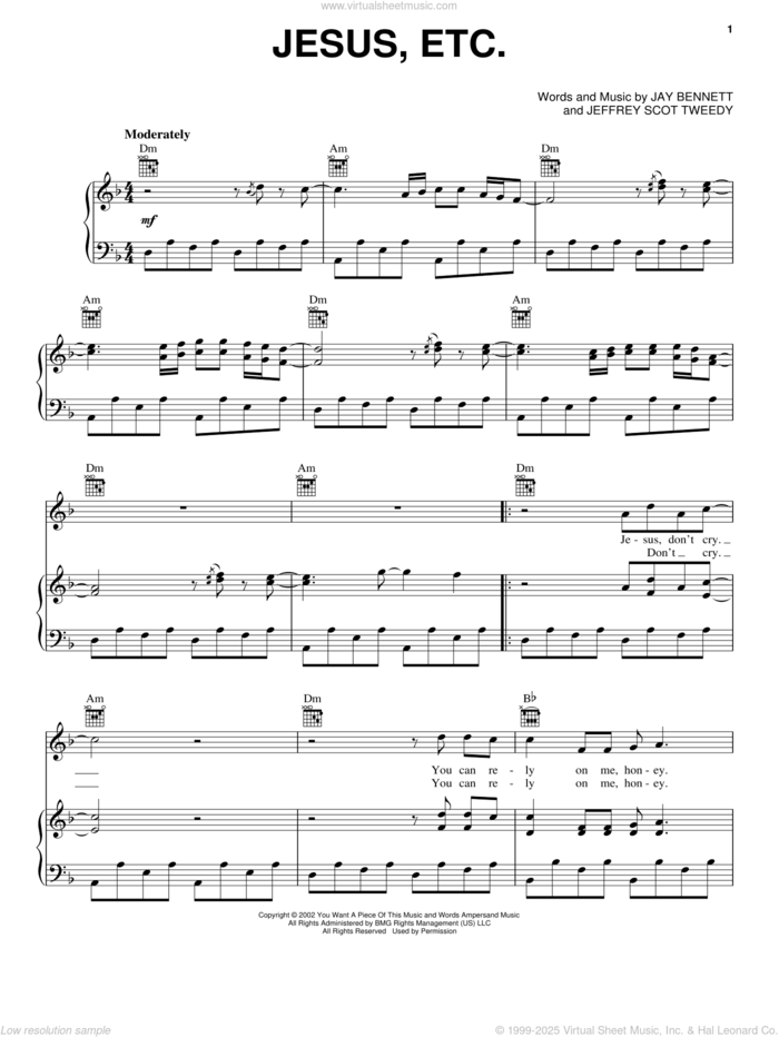 Jesus, Etc... sheet music for voice, piano or guitar by Wilco, Jay Bennett and Jeffrey Scot Tweedy, intermediate skill level