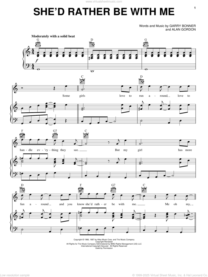 She'd Rather Be With Me sheet music for voice, piano or guitar by The Turtles, Alan Gordon and Garry Bonner, intermediate skill level