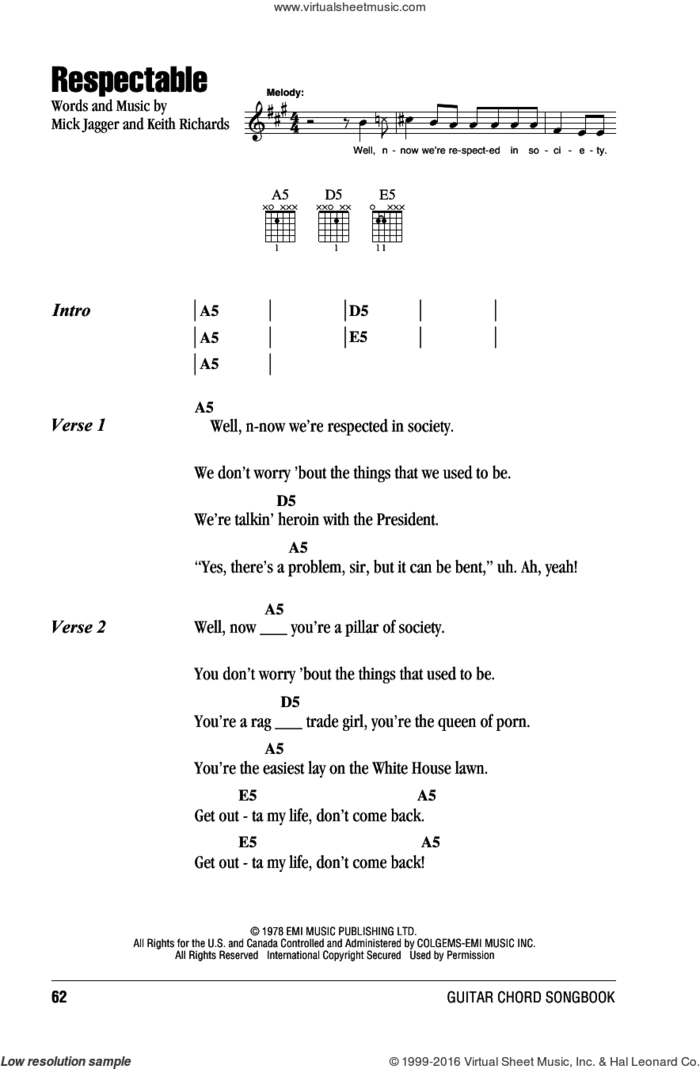 Respectable sheet music for guitar (chords) by The Rolling Stones, Keith Richards and Mick Jagger, intermediate skill level