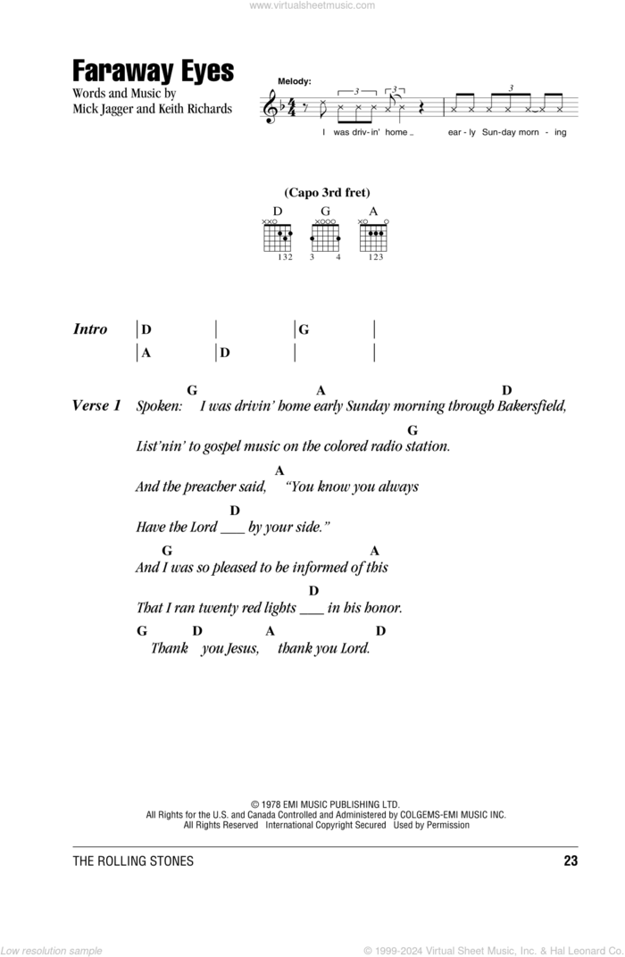 Faraway Eyes sheet music for guitar (chords) by The Rolling Stones, Keith Richards and Mick Jagger, intermediate skill level