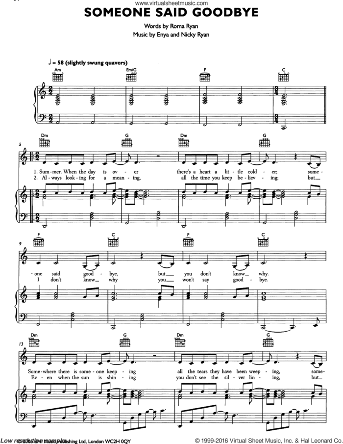 Someone Said Goodbye sheet music for voice, piano or guitar by Enya, Nicky Ryan and Roma Ryan, intermediate skill level