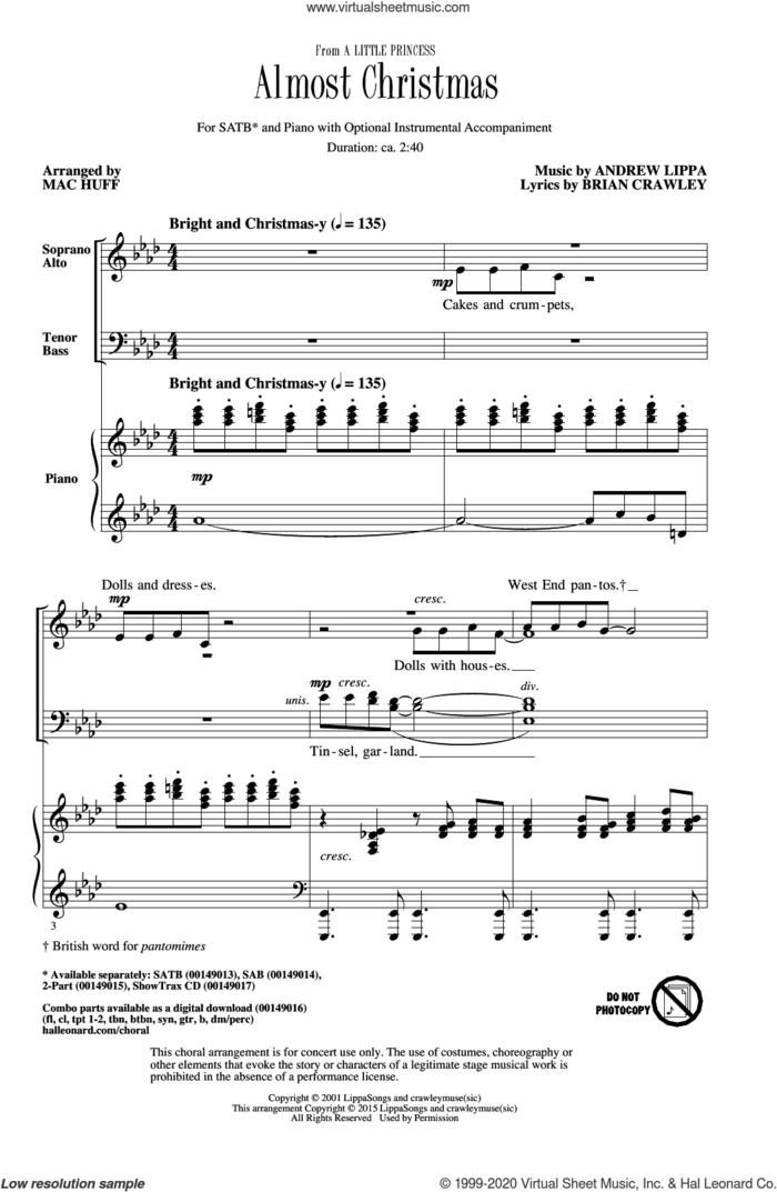 Almost Christmas sheet music for choir (SATB: soprano, alto, tenor, bass) by Andrew Lippa, Mac Huff and Brian Crawley, intermediate skill level