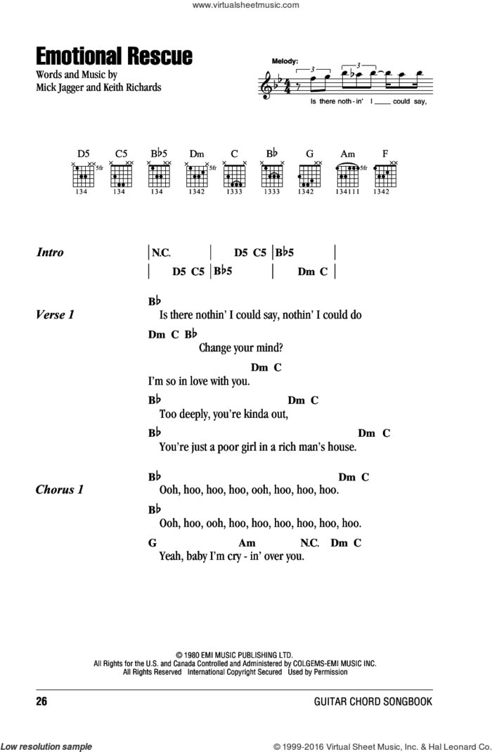 Emotional Rescue sheet music for guitar (chords) by The Rolling Stones, Keith Richards and Mick Jagger, intermediate skill level