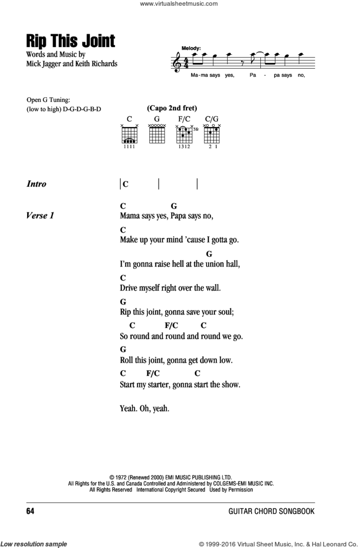 Rip This Joint sheet music for guitar (chords) by The Rolling Stones, Keith Richards and Mick Jagger, intermediate skill level