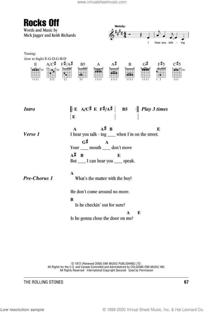 Rocks Off sheet music for guitar (chords) by The Rolling Stones, Keith Richards and Mick Jagger, intermediate skill level