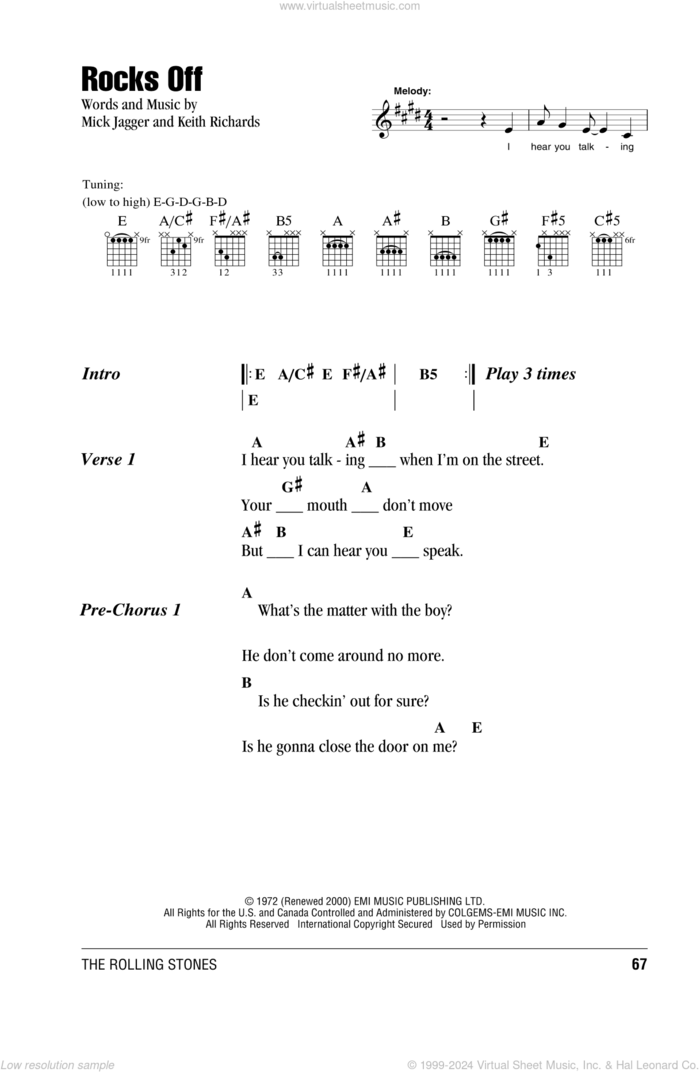 Rocks Off sheet music for guitar (chords) by The Rolling Stones, Keith Richards and Mick Jagger, intermediate skill level