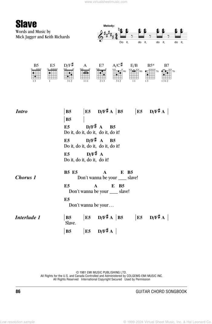 Slave sheet music for guitar (chords) by The Rolling Stones, Keith Richards and Mick Jagger, intermediate skill level