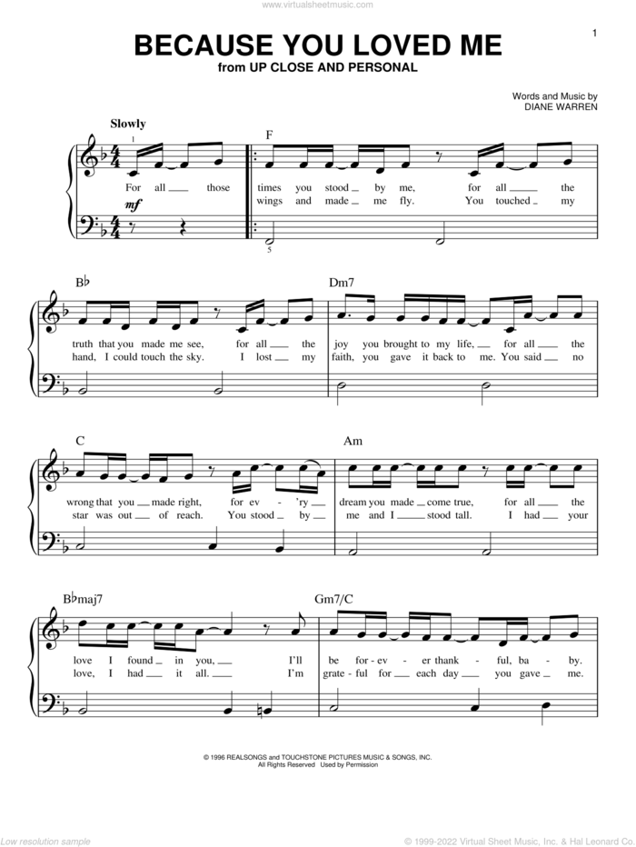 Because You Loved Me sheet music for piano solo by Diane Warren, wedding score, beginner skill level