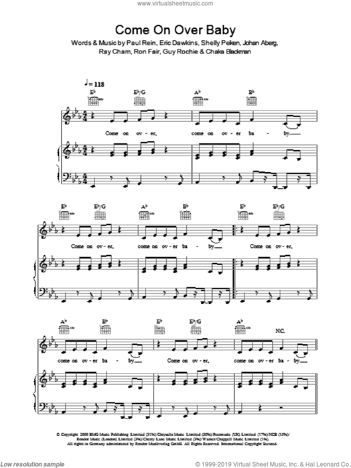 Come On Over Baby (All I Want Is You) sheet music for voice, piano or guitar by Christina Aguilera, Chaka Blackman, Eric Dawkins, Guy Rochie, Johan Aberg, Paul Rein, Ray Cham, Ron Fair and Shelly Peiken, intermediate skill level