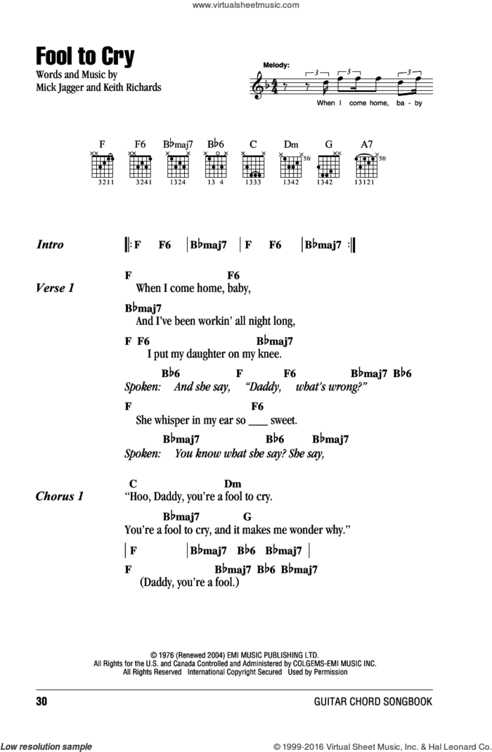 Fool To Cry sheet music for guitar (chords) by The Rolling Stones, Keith Richards and Mick Jagger, intermediate skill level