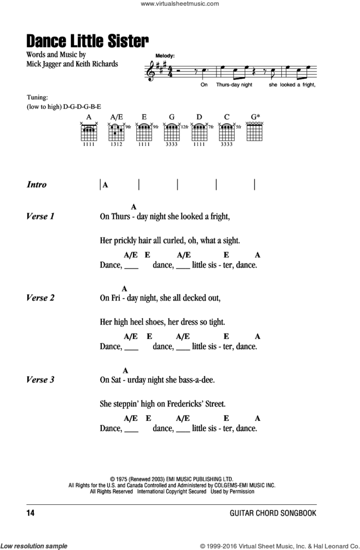 Dance Little Sister sheet music for guitar (chords) by The Rolling Stones, Keith Richards and Mick Jagger, intermediate skill level