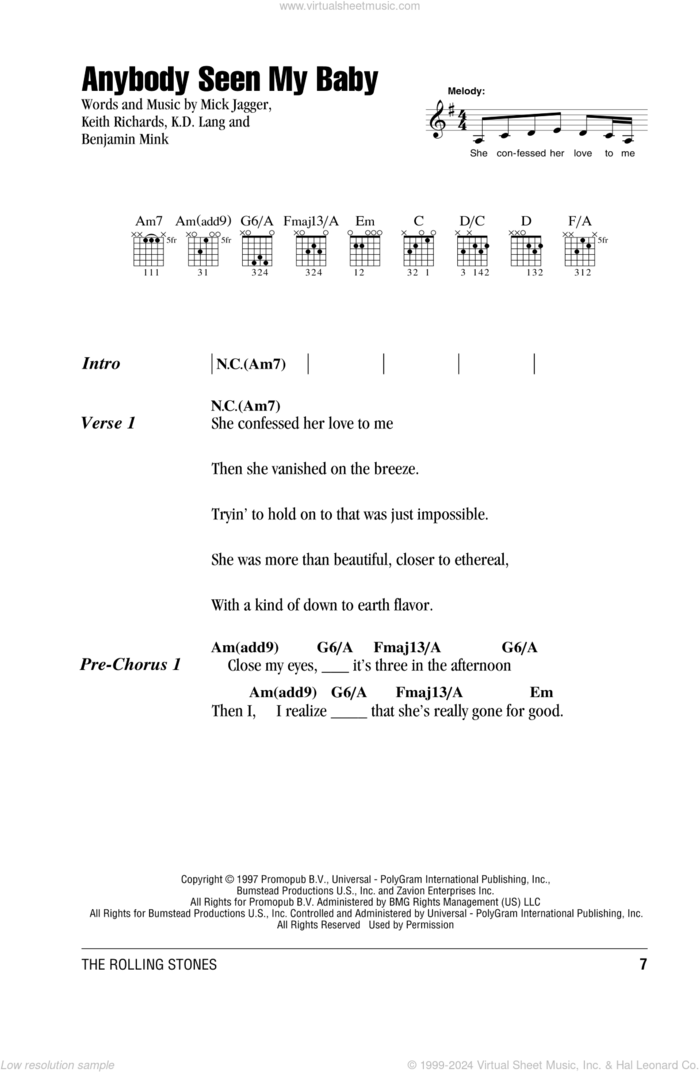 Anybody Seen My Baby sheet music for guitar (chords) by The Rolling Stones, Benjamin Mink, k.d. lang, Keith Richards and Mick Jagger, intermediate skill level