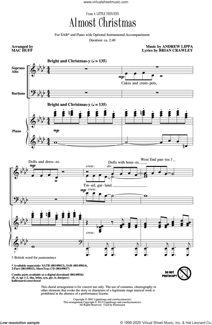 Almost Christmas sheet music for choir (SAB: soprano, alto, bass) by Andrew Lippa, Mac Huff and Brian Crawley, intermediate skill level