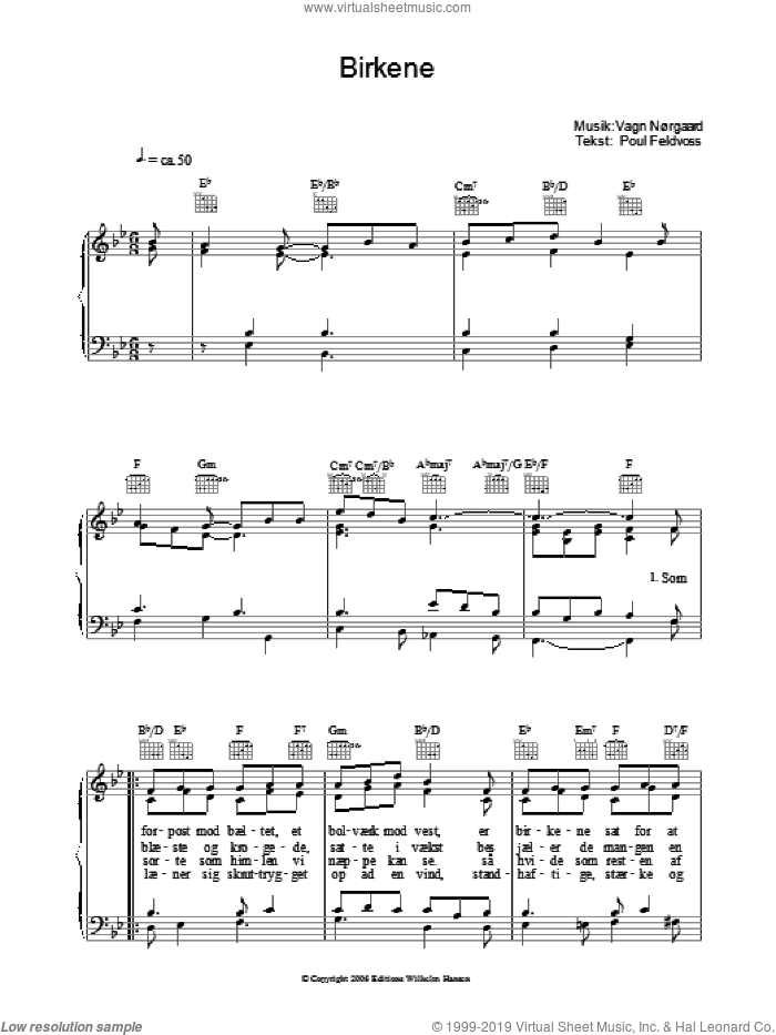 Birkene sheet music for voice, piano or guitar by Poul Feldvoss and Vagn Norgaard, intermediate skill level