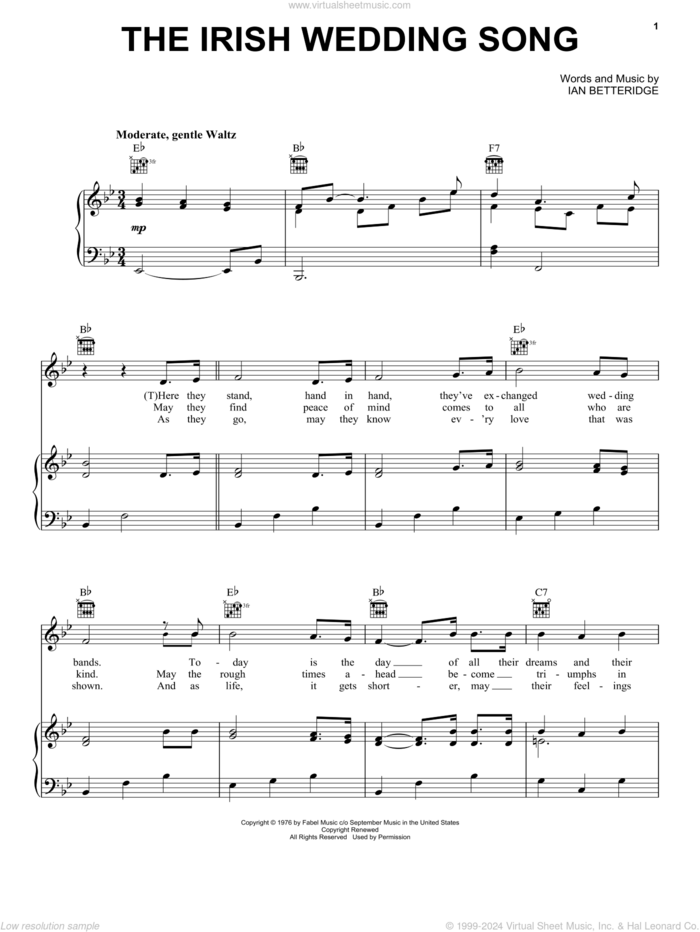 The Irish Wedding Song sheet music for voice, piano or guitar by Ian Betteridge, wedding score, intermediate skill level