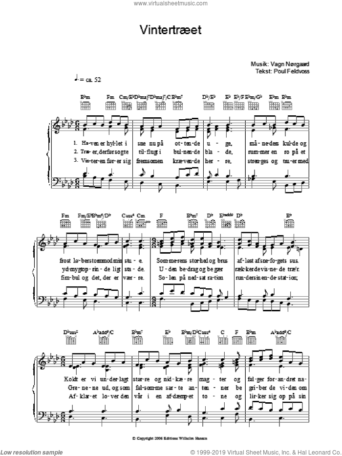 Vintertraeet sheet music for voice, piano or guitar by Poul Feldvoss and Vagn Norgaard, intermediate skill level