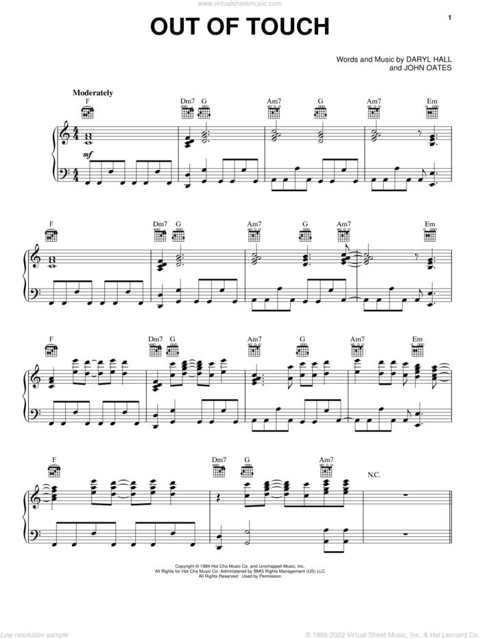 Out Of Touch sheet music for voice, piano or guitar by Hall and Oates, Daryl Hall & John Oates, Daryl Hall and John Oates, intermediate skill level