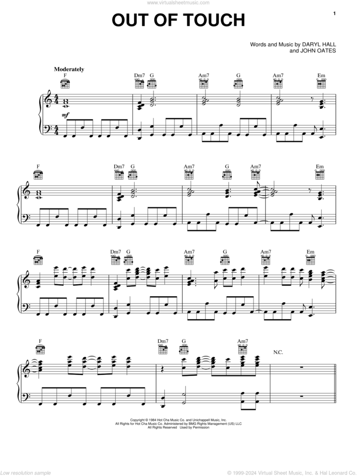 Out Of Touch sheet music for voice, piano or guitar by Daryl Hall, Daryl Hall & John Oates, Hall and Oates and John Oates, intermediate skill level