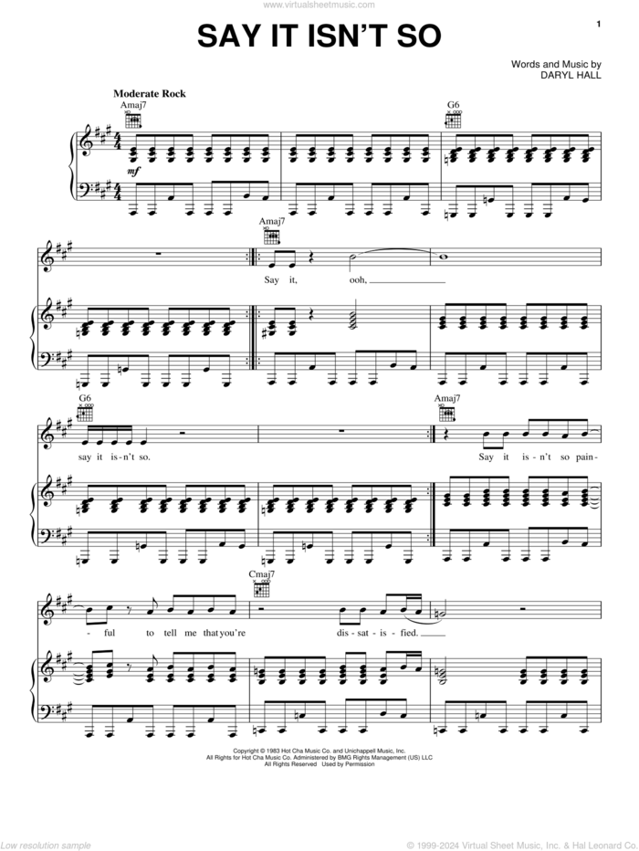 Say It Isn't So sheet music for voice, piano or guitar by Daryl Hall, Daryl Hall & John Oates, Hall and Oates and John Oates, intermediate skill level