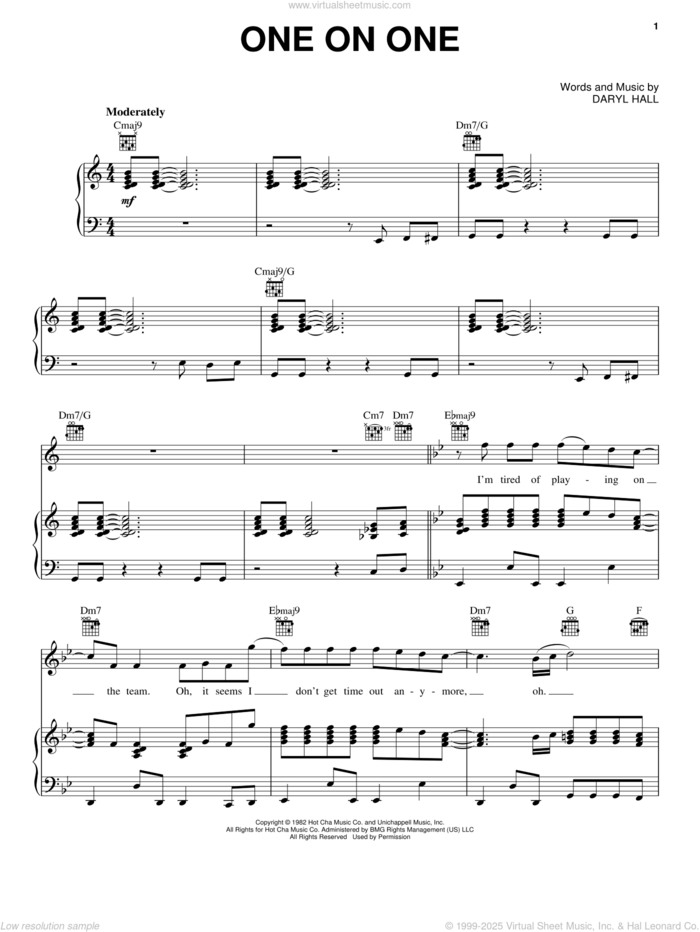 One On One sheet music for voice, piano or guitar by Hall and Oates and Daryl Hall & John Oates, John Oates and Daryl Hall, intermediate skill level