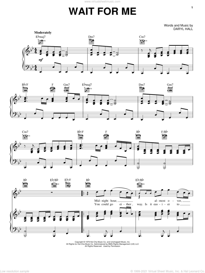 Wait For Me sheet music for voice, piano or guitar by Hall and Oates and Daryl Hall & John Oates, John Oates and Daryl Hall, intermediate skill level