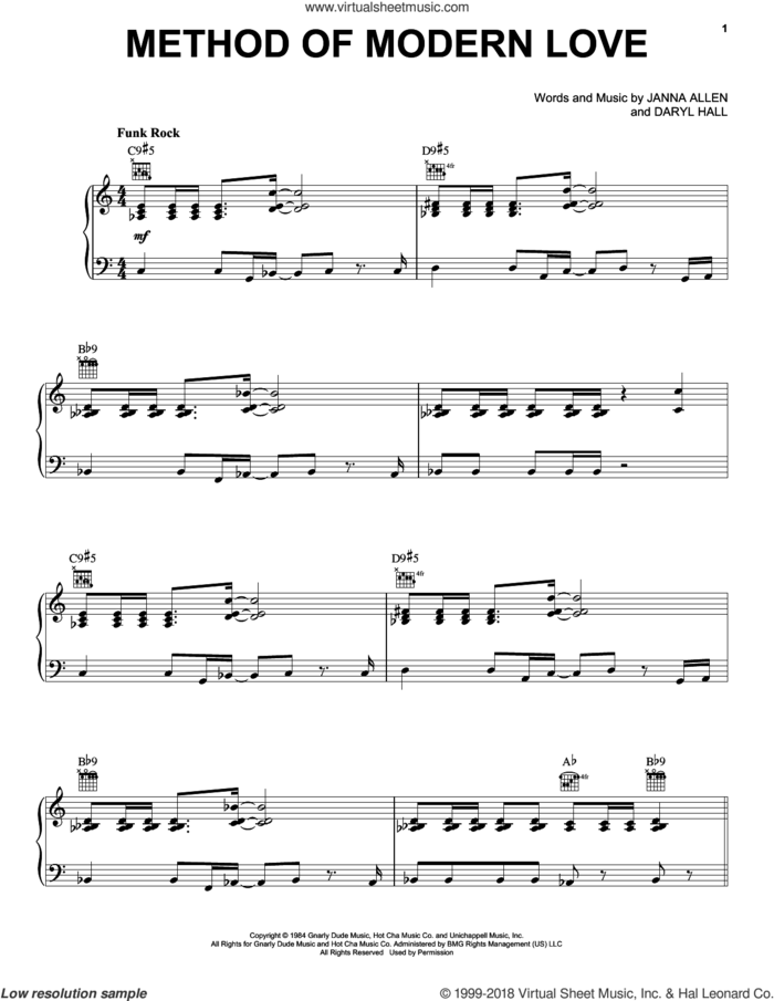 Method Of Modern Love sheet music for voice, piano or guitar by Hall and Oates, John Oates, Daryl Hall and Janna Allen, intermediate skill level