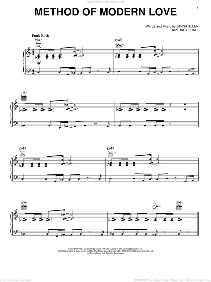 Method Of Modern Love sheet music for voice, piano or guitar by Daryl Hall, Hall and Oates, John Oates and Janna Allen, intermediate skill level