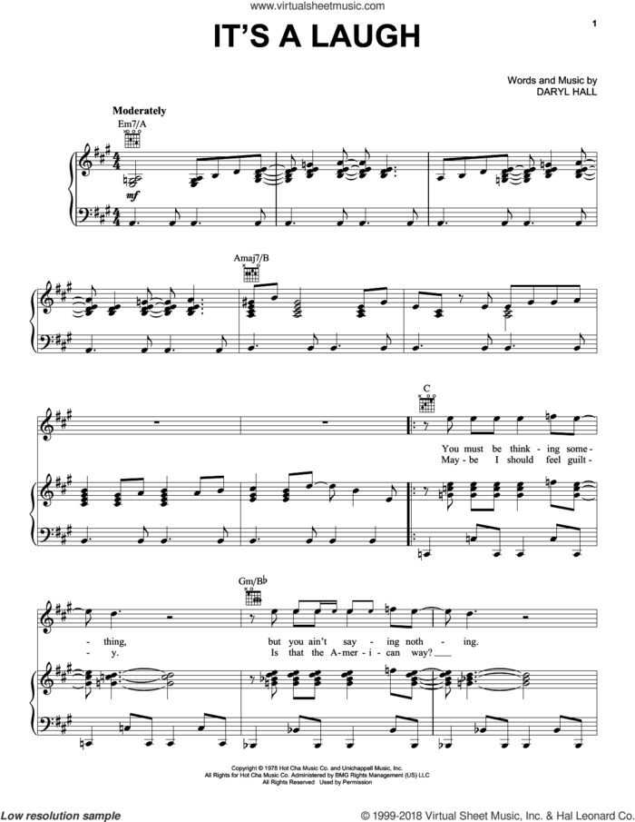 It's A Laugh sheet music for voice, piano or guitar by Daryl Hall, Daryl Hall & John Oates, Hall and Oates and John Oates, intermediate skill level