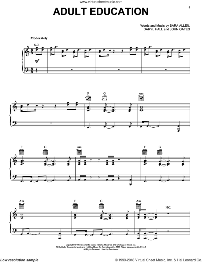 Adult Education sheet music for voice, piano or guitar by Hall and Oates, Daryl Hall & John Oates, Daryl Hall, John Oates and Sara Allen, intermediate skill level