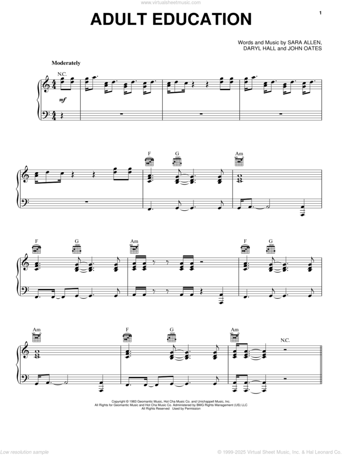 Adult Education sheet music for voice, piano or guitar by Hall and Oates, Daryl Hall & John Oates, Daryl Hall, John Oates and Sara Allen, intermediate skill level