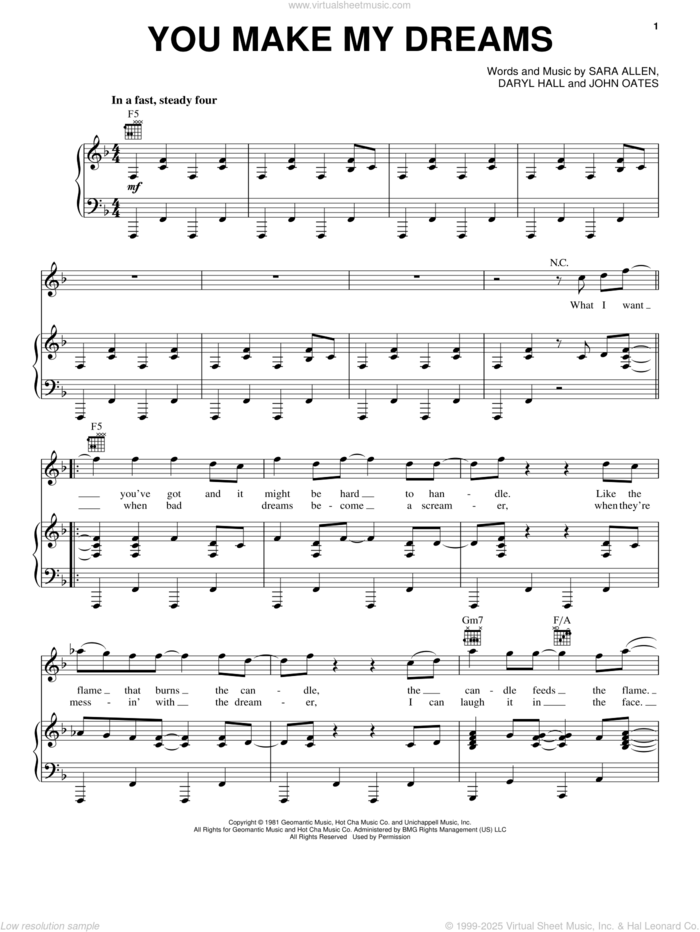 You Make My Dreams sheet music for voice, piano or guitar by Hall and Oates, Daryl Hall & John Oates, Daryl Hall, John Oates and Sara Allen, intermediate skill level