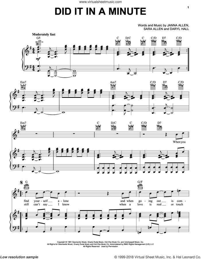 Did It In A Minute sheet music for voice, piano or guitar by Hall and Oates, Daryl Hall & John Oates, John Oates, Daryl Hall, Janna Allen and Sara Allen, intermediate skill level