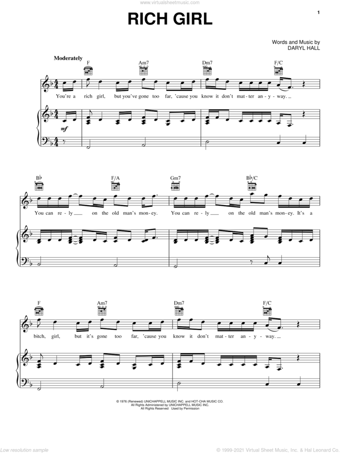 Rich Girl sheet music for voice, piano or guitar by Hall and Oates and Daryl Hall & John Oates, John Oates and Daryl Hall, intermediate skill level