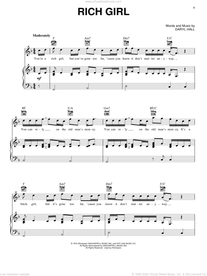 Rich Girl sheet music for voice, piano or guitar by Daryl Hall, Daryl Hall & John Oates, Hall and Oates and John Oates, intermediate skill level