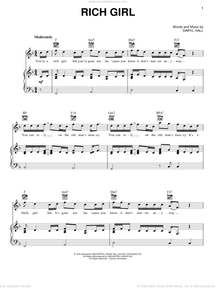 Rich Girl sheet music for voice, piano or guitar by Hall and Oates and Daryl Hall & John Oates, John Oates and Daryl Hall, intermediate skill level