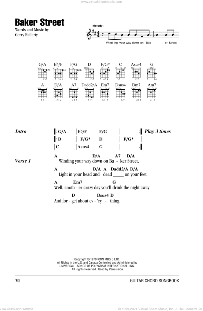 Baker Street sheet music for guitar (chords) by Gerry Rafferty and Foo Fighters, intermediate skill level