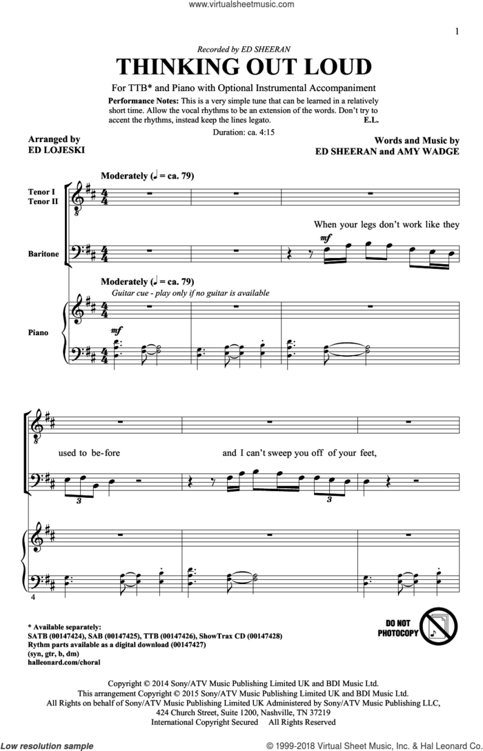 Thinking Out Loud (arr. Ed Lojeski) sheet music for choir (TTBB: tenor, bass) by Ed Sheeran, Ed Lojeski and Amy Wadge, wedding score, intermediate skill level