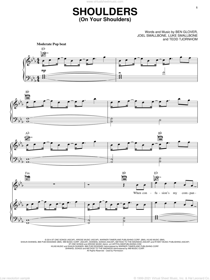 Shoulders (On Your Shoulders) sheet music for voice, piano or guitar by for KING & COUNTRY, Ben Glover, Joel Smallbone, Luke Smallbone and Tedd Tjornhom, intermediate skill level