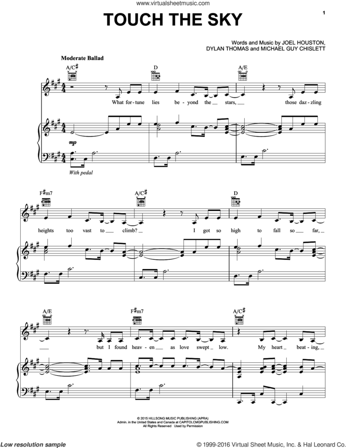 Touch The Sky sheet music for voice, piano or guitar by Hillsong United, Dylan Thomas, Joel Houston and Michael Guy Chislett, intermediate skill level
