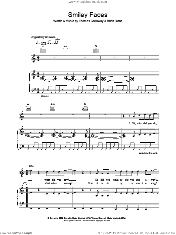 Smiley Faces sheet music for voice, piano or guitar by Gnarls Barkley, Brian Burton and Thomas Callaway, intermediate skill level