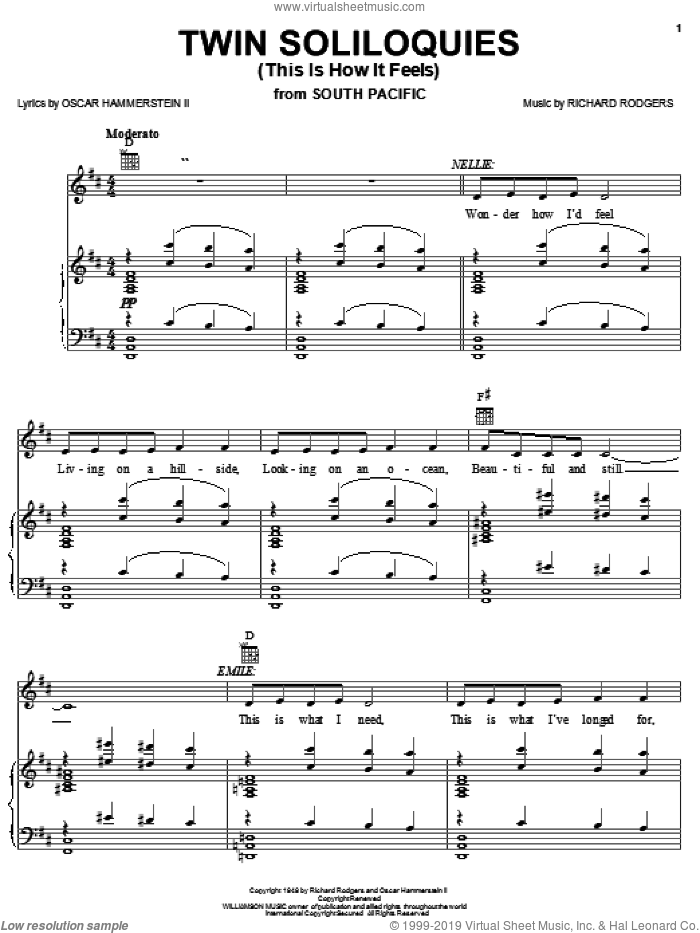 Twin Soliloquies (This Is How It Feels) sheet music for voice, piano or guitar by Rodgers & Hammerstein, South Pacific (Musical), Oscar II Hammerstein and Richard Rodgers, intermediate skill level