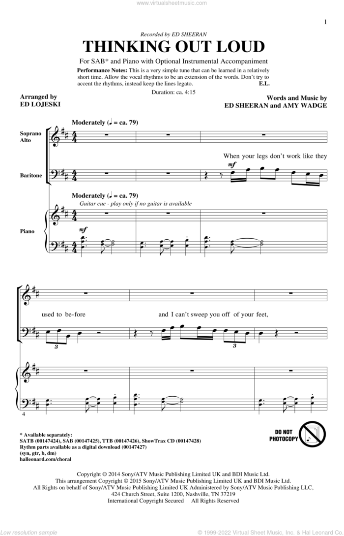 Thinking Out Loud (arr. Ed Lojeski) sheet music for choir (SAB: soprano, alto, bass) by Ed Sheeran, Ed Lojeski and Amy Wadge, wedding score, intermediate skill level