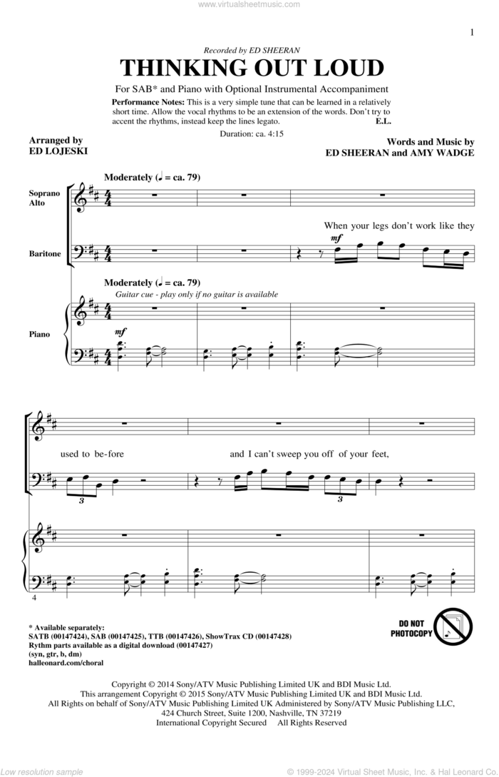 Thinking Out Loud (arr. Ed Lojeski) sheet music for choir (SAB: soprano, alto, bass) by Ed Sheeran, Ed Lojeski and Amy Wadge, wedding score, intermediate skill level