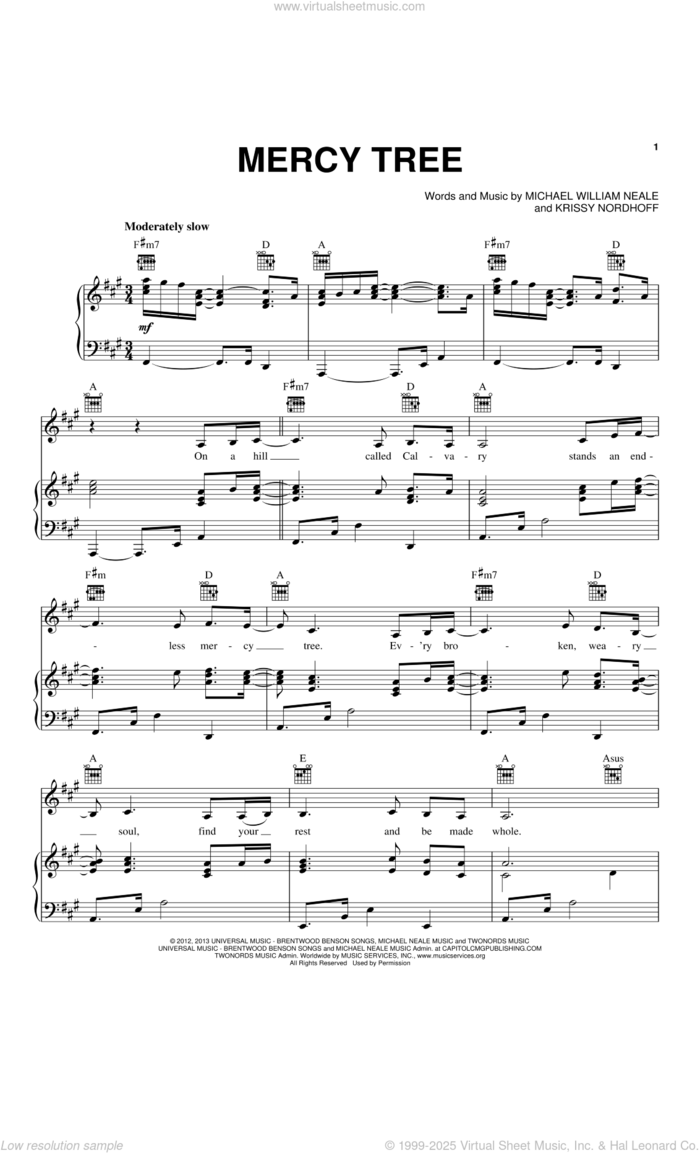 Mercy Tree sheet music for voice, piano or guitar by Lacey Sturm, Krissy Nordhoff and Michael William Neale, intermediate skill level