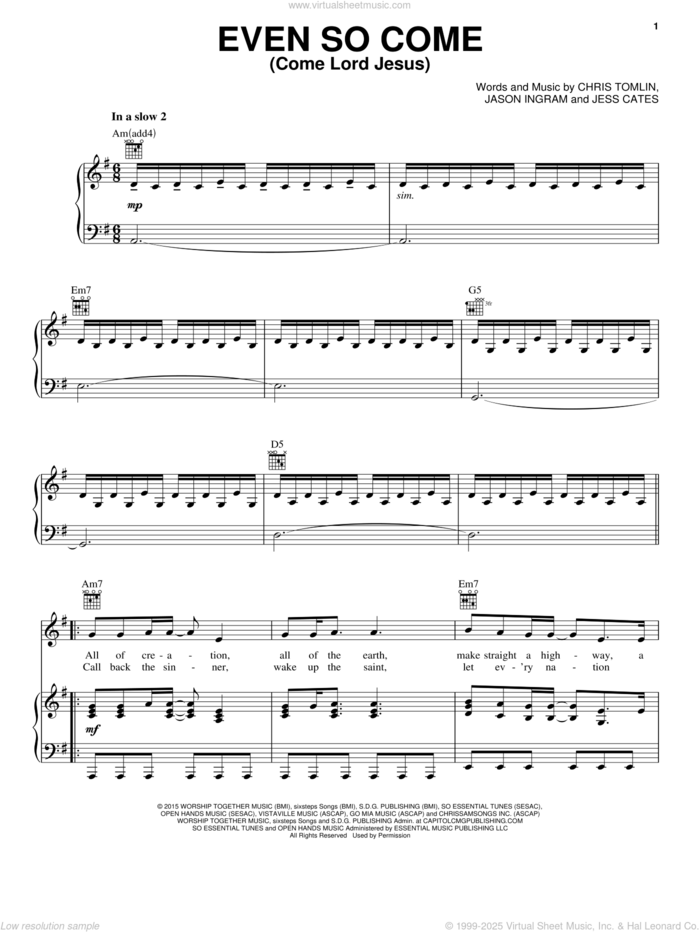 Even So Come (Come Lord Jesus) (feat. Kristian Stanfill) sheet music for voice, piano or guitar by Passion, Kristian Stanfill, Chris Tomlin, Jason Ingram and Jess Cates, intermediate skill level